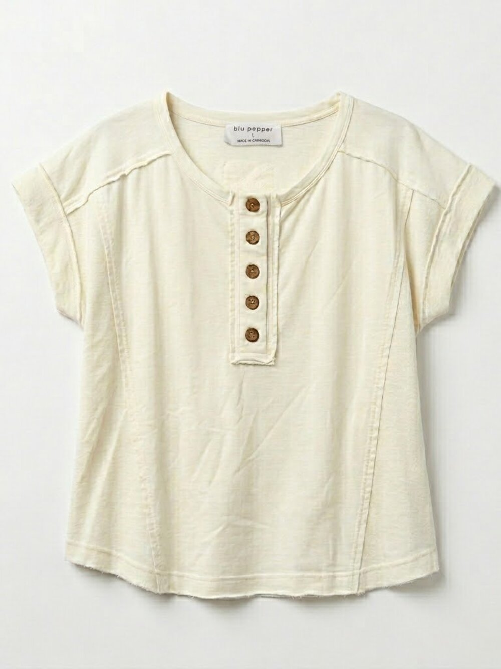 Blu Pepper Henley Top Women Large Cream Ivory Short Sleeve Button Raw Hem Boho